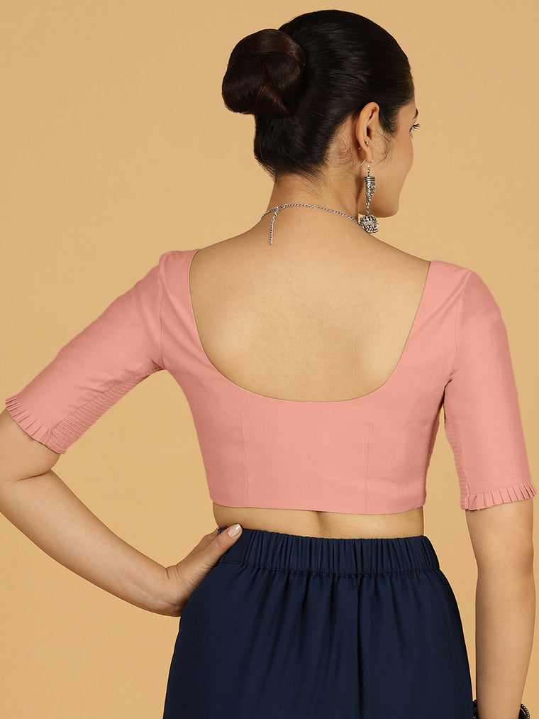 Nihira x Rozaana Saree Blouse, in Pink Viscose, featuring elbow sleeves and square neckline, made for daily & work (view 2).