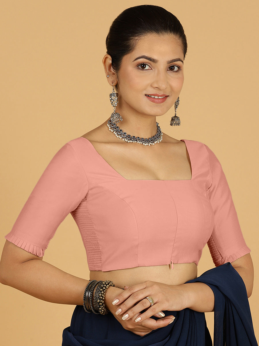 Nihira x Rozaana Saree Blouse, in Pink Viscose, featuring elbow sleeves and square neckline, made for daily & work (view 8).