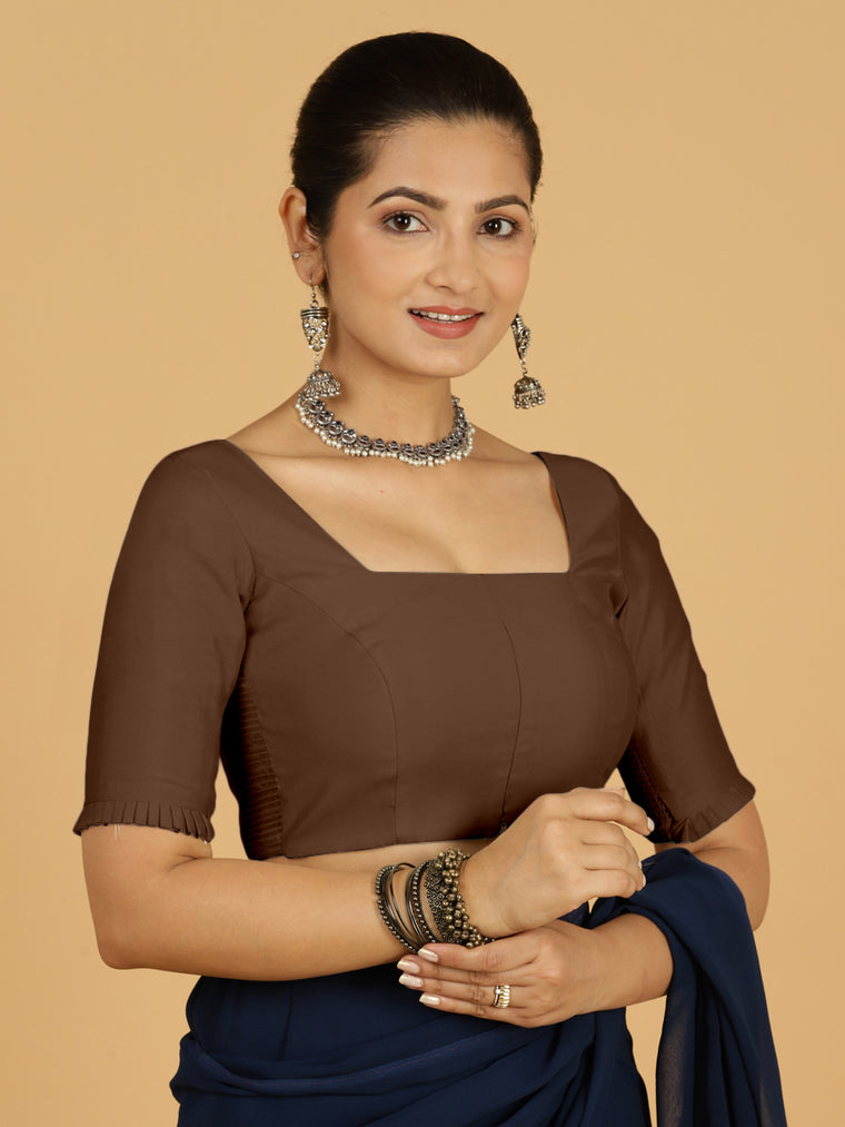 Nihira x Rozaana Saree Blouse, in Brown Viscose, featuring elbow sleeves and square neckline, made for daily & work.