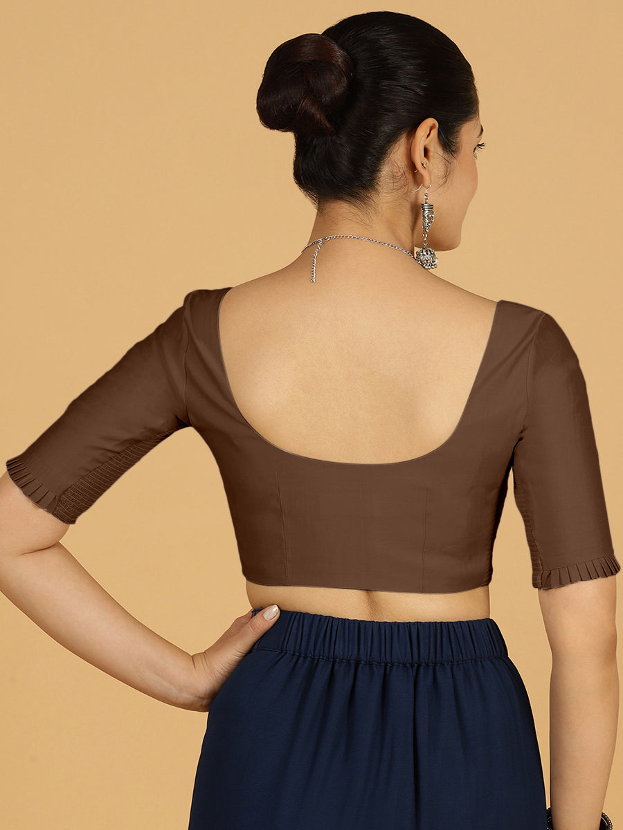 Nihira x Rozaana Saree Blouse, in Brown Viscose, featuring elbow sleeves and square neckline, made for daily & work (view 2).
