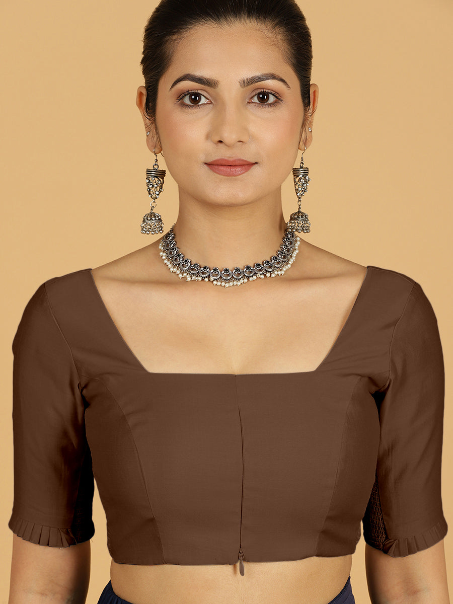 Nihira x Rozaana Saree Blouse, in Brown Viscose, featuring elbow sleeves and square neckline, made for daily & work (view 6).