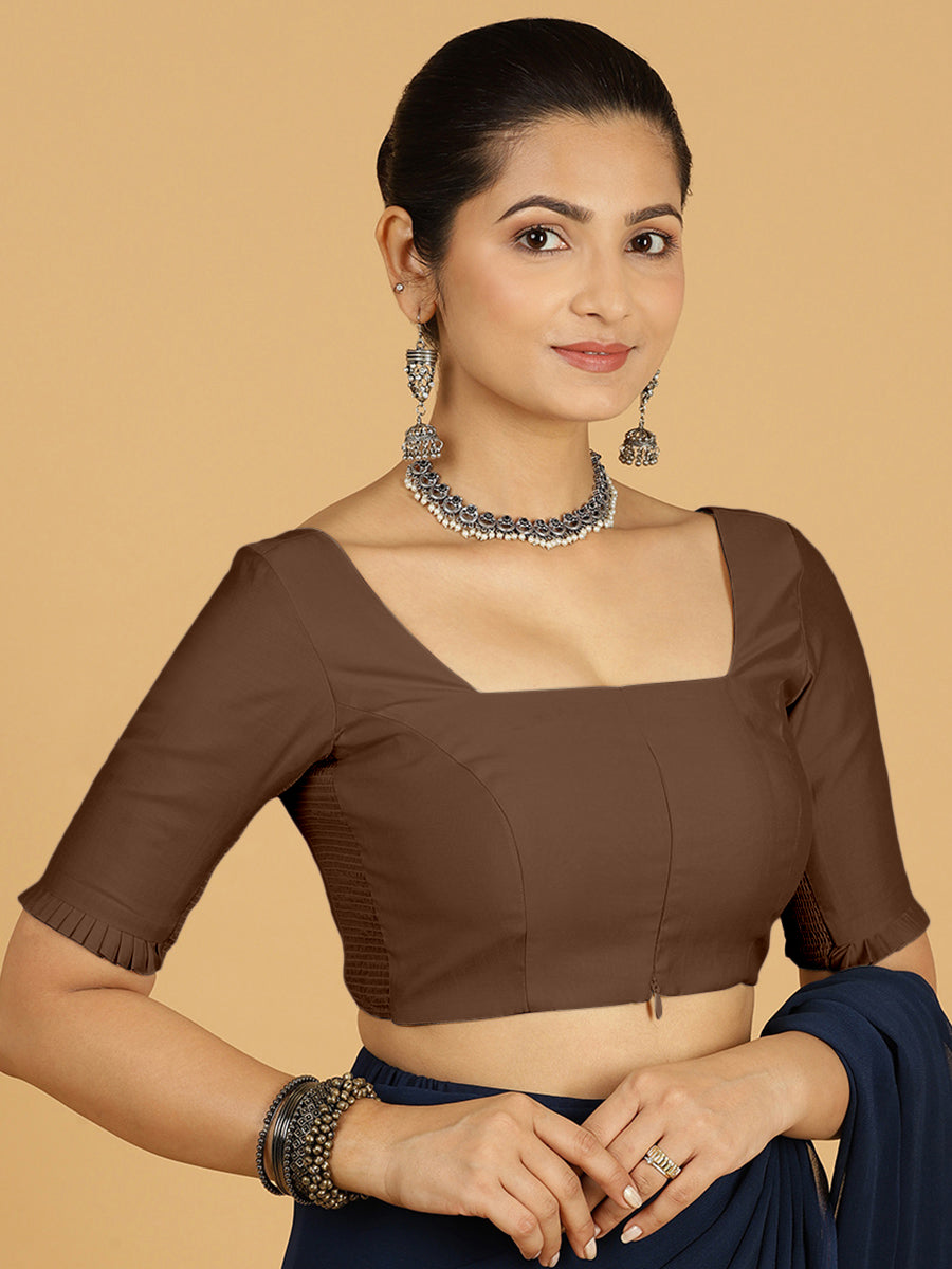 Nihira x Rozaana Saree Blouse, in Brown Viscose, featuring elbow sleeves and square neckline, made for daily & work (view 7).