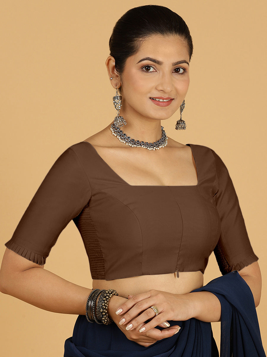 Nihira x Rozaana Saree Blouse, in Brown Viscose, featuring elbow sleeves and square neckline, made for daily & work (view 8).
