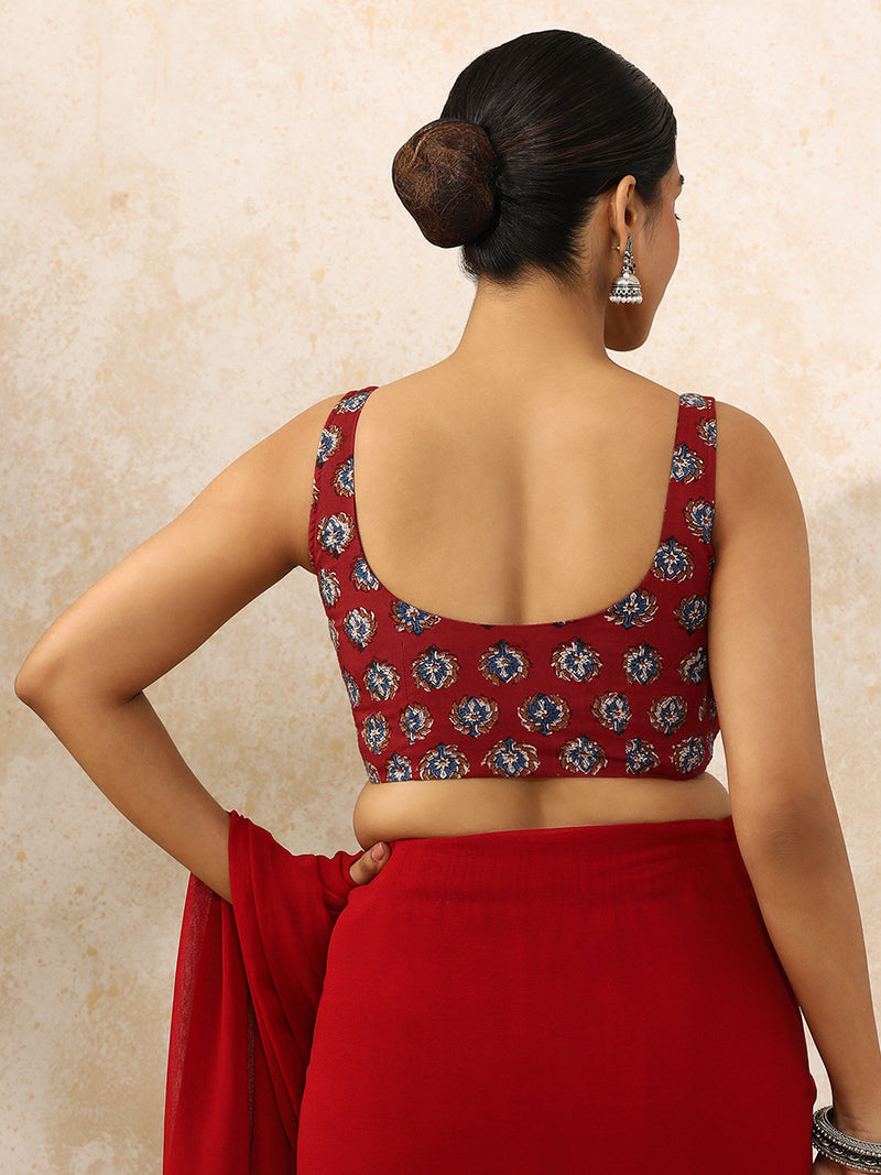 Niki x Rozaana | Sleeveless Saree Blouse in Crimson Field Block Print Cotton-Binks