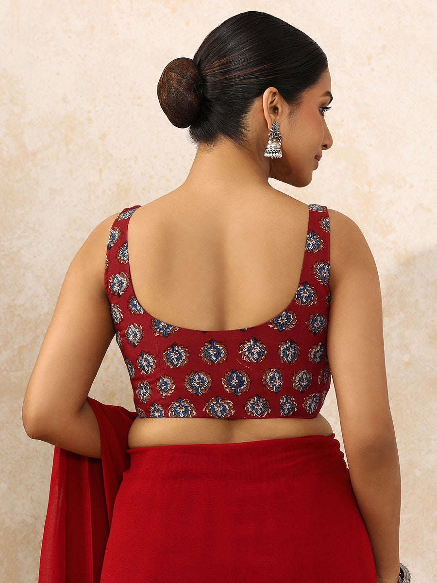 Niki x Rozaana Saree Blouse, in Red 100% Cotton - Block Printed, featuring sleeveless and round neckline (view 2).