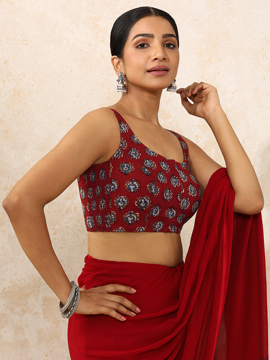 Niki x Rozaana Saree Blouse, in Red 100% Cotton - Block Printed, featuring sleeveless and round neckline (view 8).