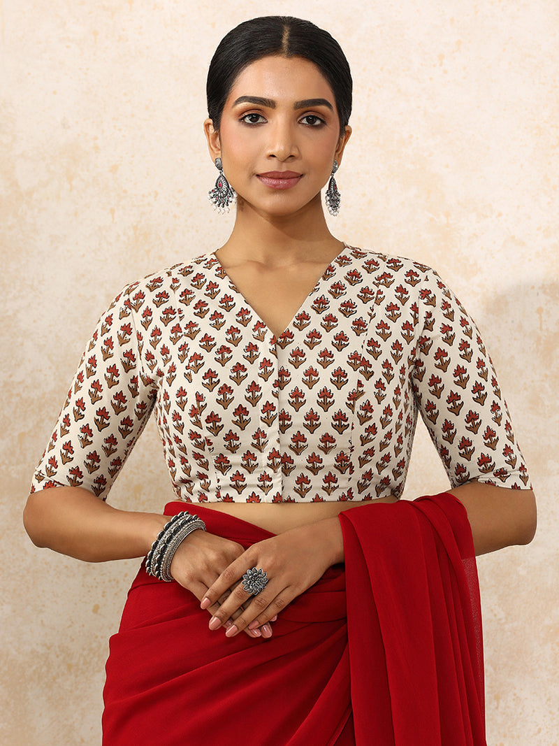 Nila x Rozaana | Elbow Sleeves Saree Blouse in Tulip Bloom Cream Block Print Cotton-Binks