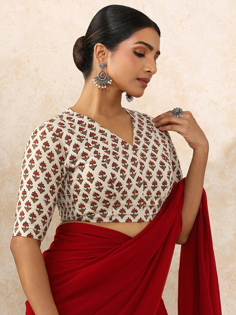 Nila x Rozaana | Elbow Sleeves Saree Blouse in Tulip Bloom Cream Block Print Cotton-Binks