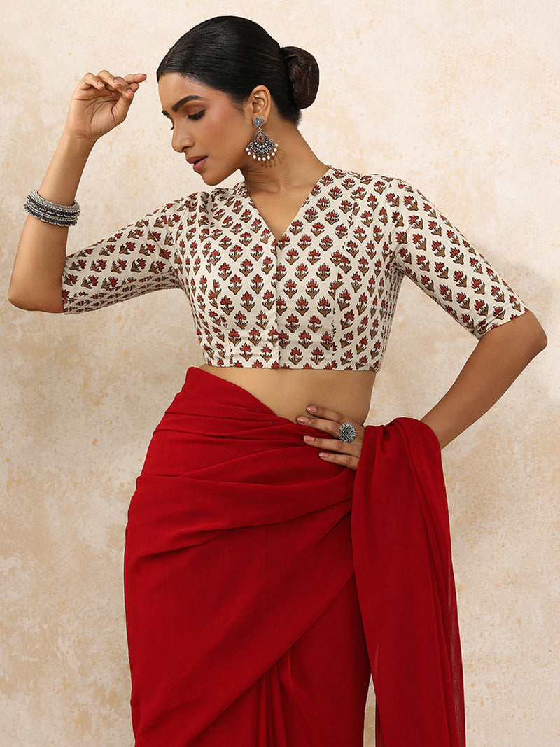 Nila x Rozaana | Elbow Sleeves Saree Blouse in Tulip Bloom Cream Block Print Cotton-Binks