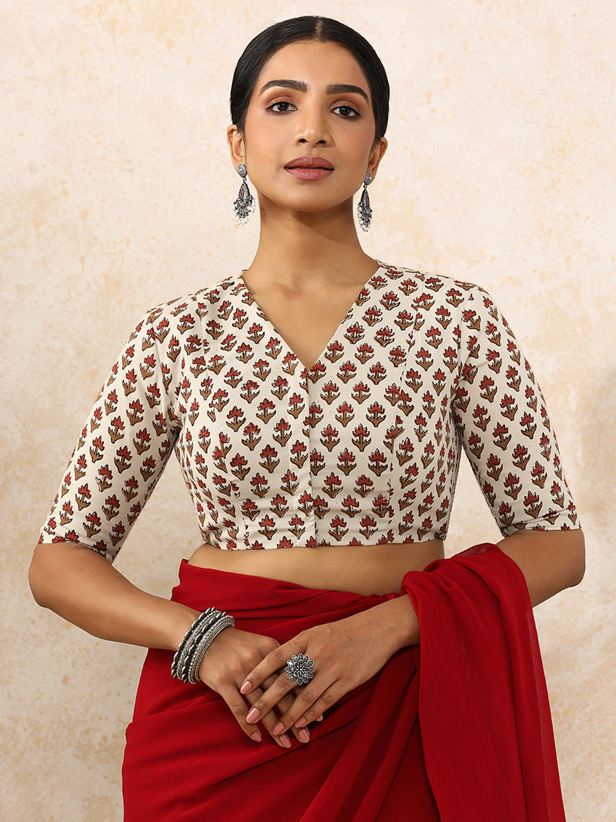 Nila x Rozaana Saree Blouse, in Cream 100% Cotton - Block Printed, featuring elbow sleeves and v-neckline (view 14).
