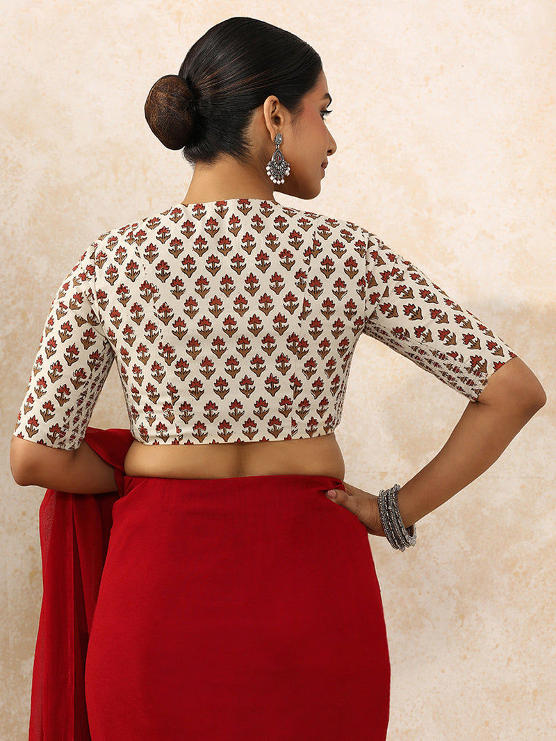 Nila x Rozaana | Elbow Sleeves Saree Blouse in Tulip Bloom Cream Block Print Cotton-Binks