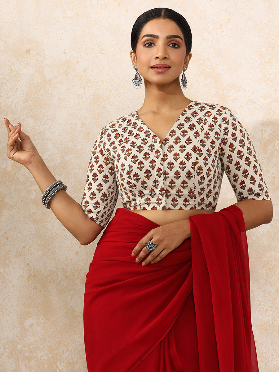 Nila x Rozaana Saree Blouse, in Cream 100% Cotton - Block Printed, featuring elbow sleeves and v-neckline (view 5).