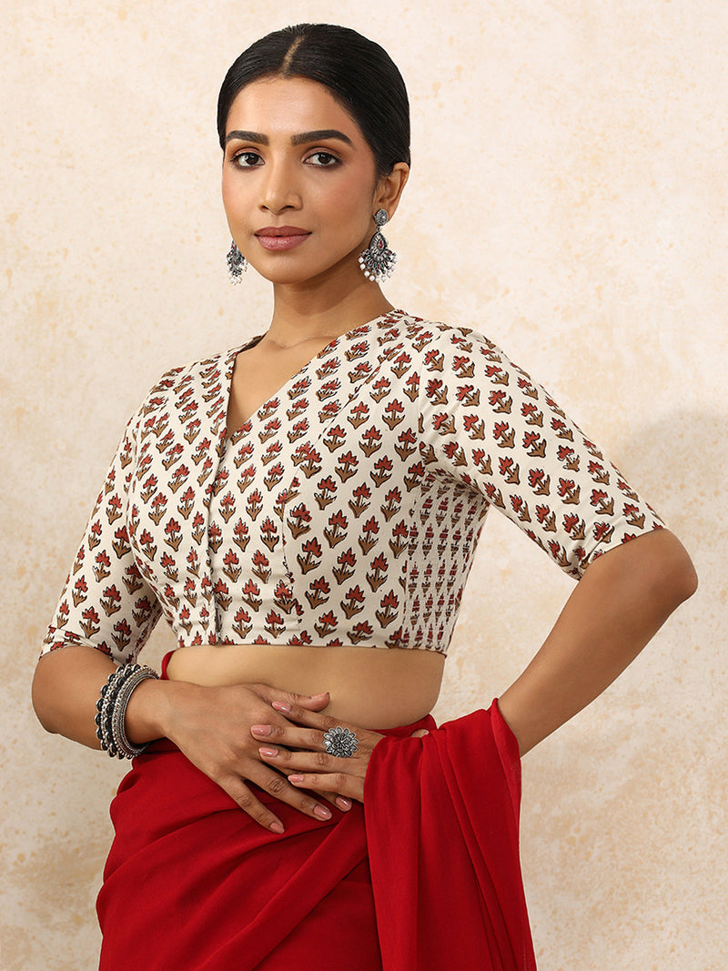 Nila x Rozaana | Elbow Sleeves Saree Blouse in Tulip Bloom Cream Block Print Cotton-Binks