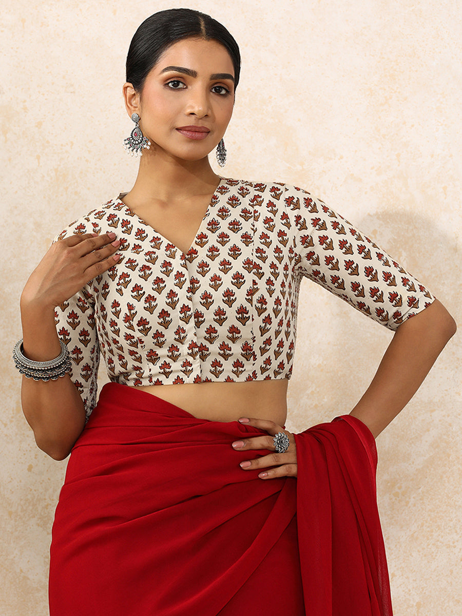 Nila x Rozaana Saree Blouse, in Cream 100% Cotton - Block Printed, featuring elbow sleeves and v-neckline (view 8).