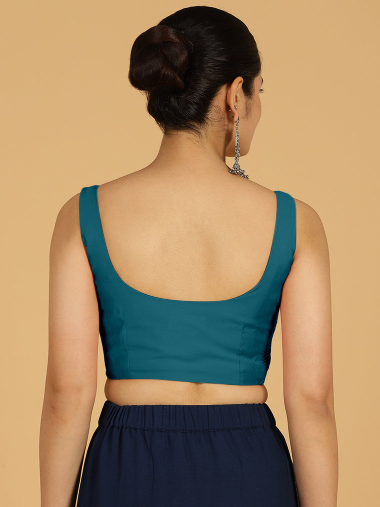 Nirma x Rozaana Saree Blouse, in Blue Viscose, featuring sleeveless and square neckline, made for daily & work (view 2).