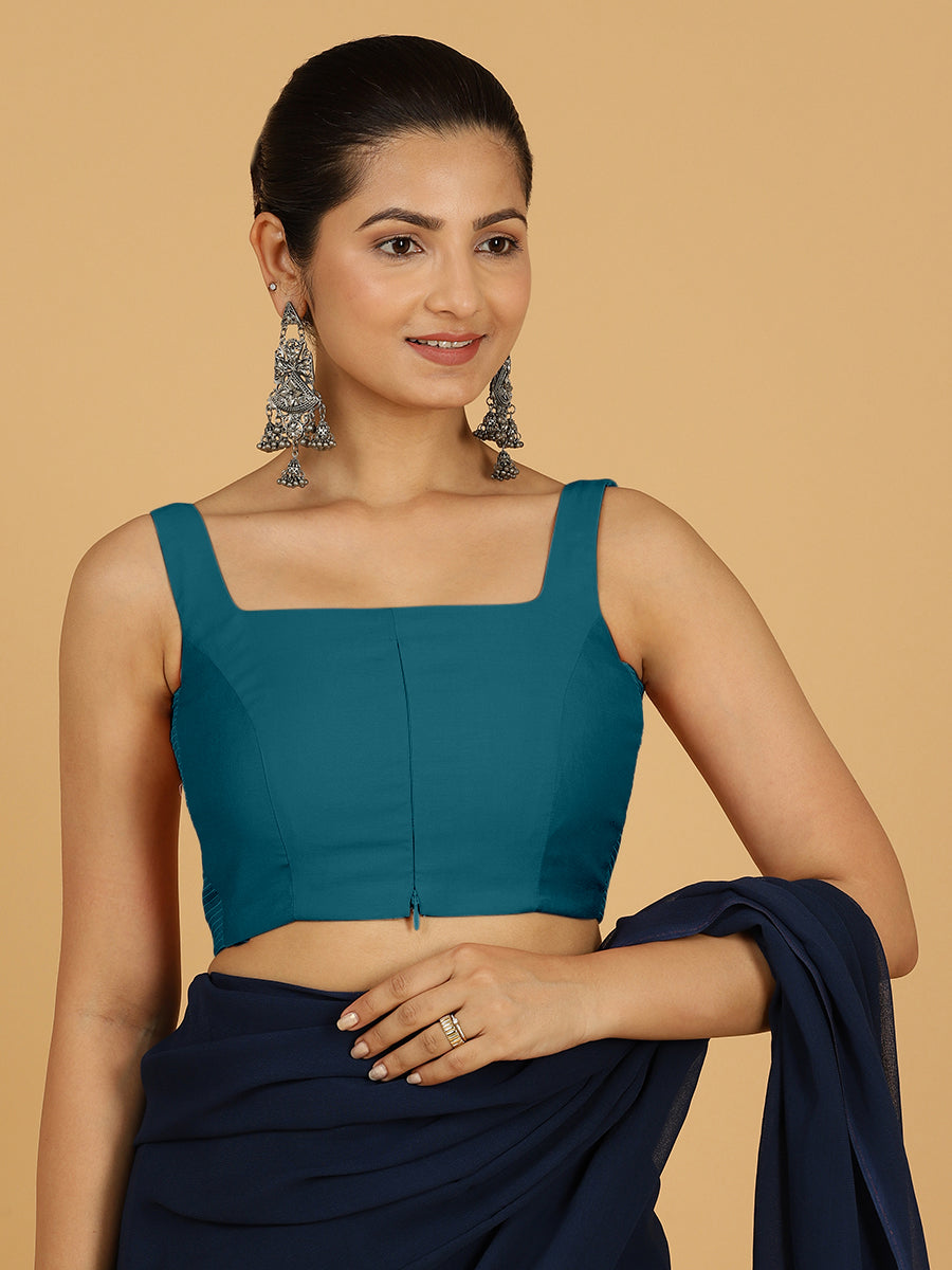 Nirma x Rozaana Saree Blouse, in Blue Viscose, featuring sleeveless and square neckline, made for daily & work (view 8).