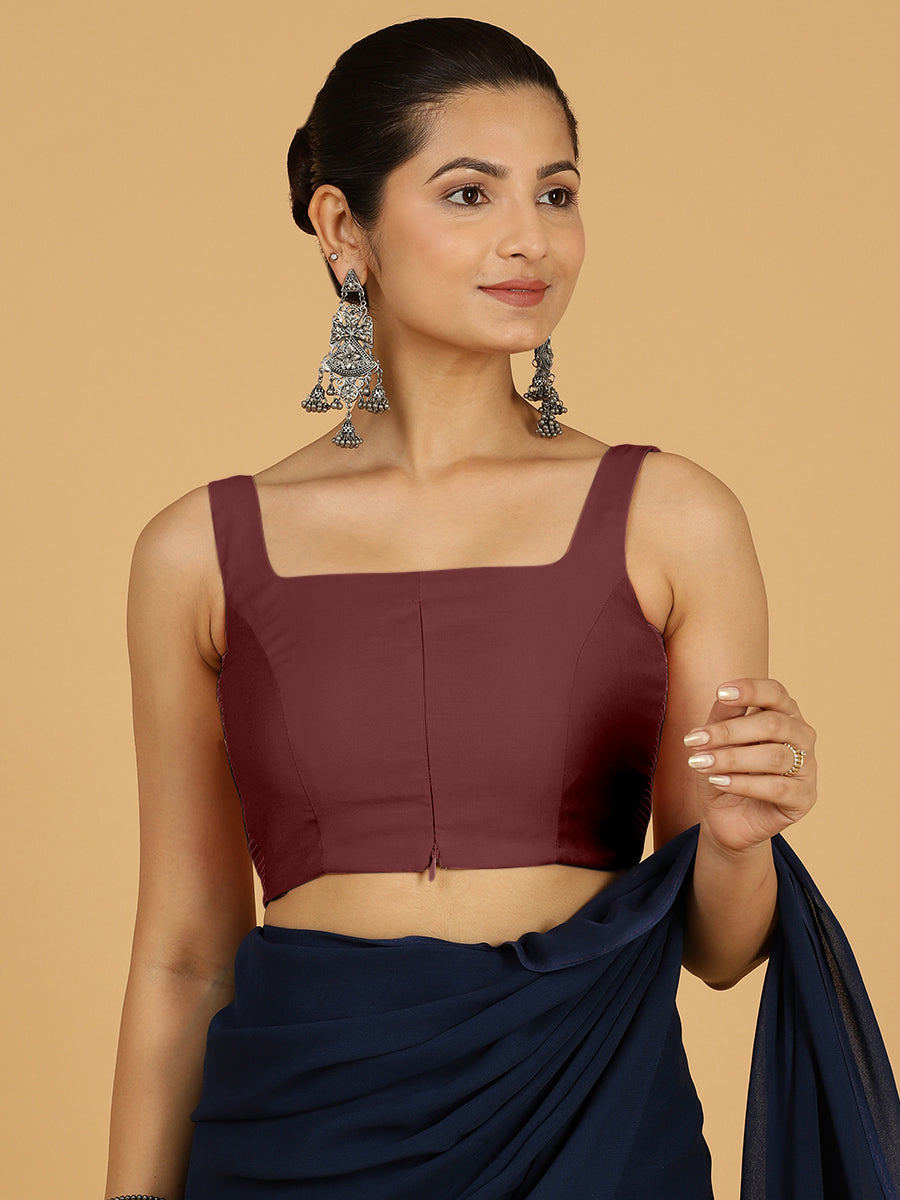 Nirma x Rozaana Saree Blouse, in Maroon Viscose, featuring sleeveless and square neckline, made for daily & work.