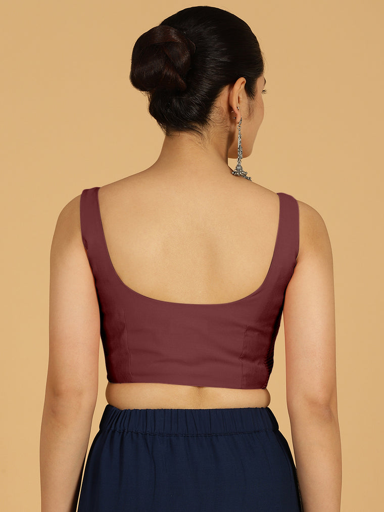 Nirma x Rozaana Saree Blouse, in Maroon Viscose, featuring sleeveless and square neckline, made for daily & work (view 2).