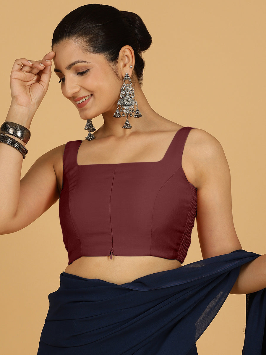 Nirma x Rozaana Saree Blouse, in Maroon Viscose, featuring sleeveless and square neckline, made for daily & work (view 6).