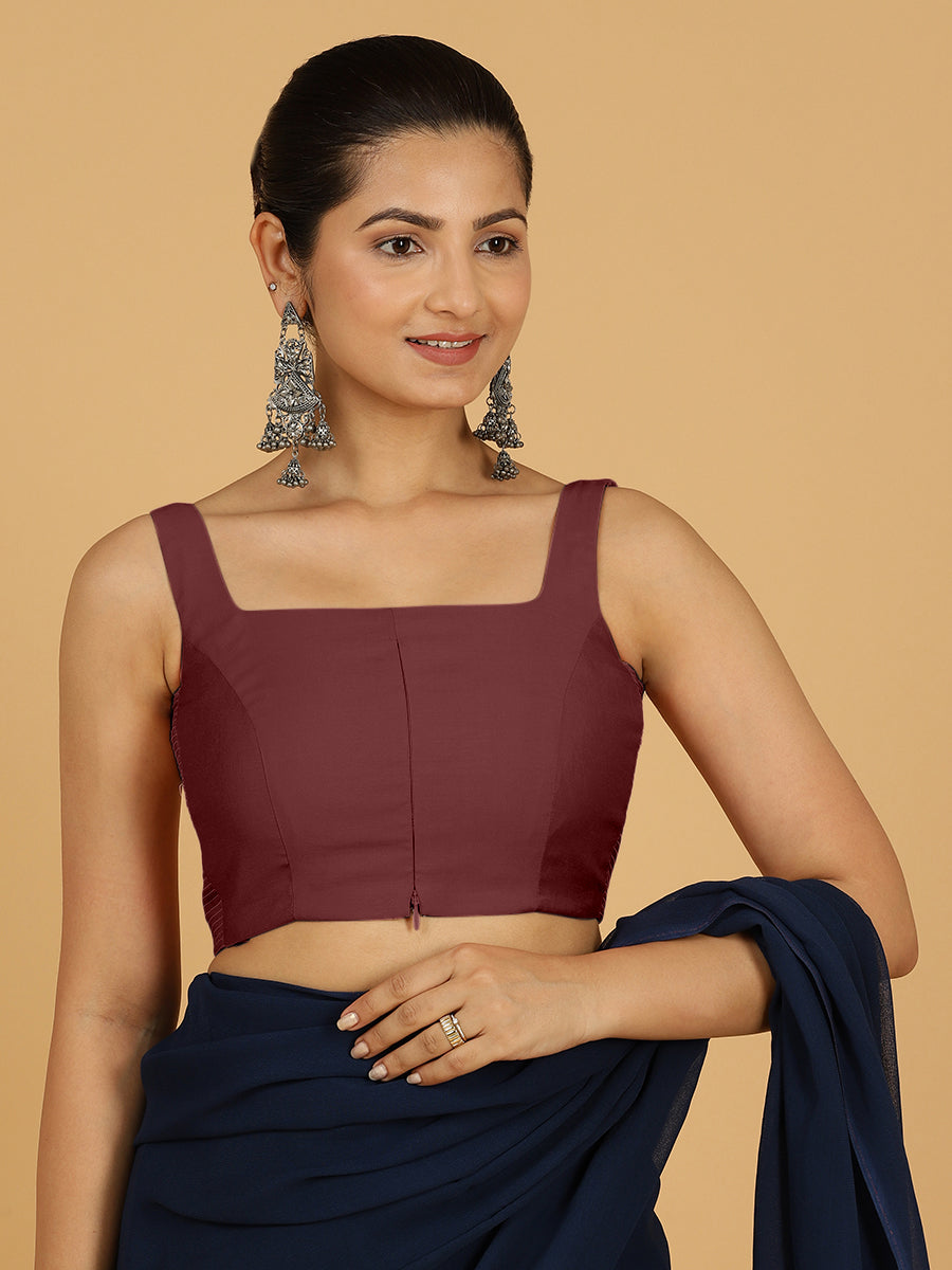 Nirma x Rozaana Saree Blouse, in Maroon Viscose, featuring sleeveless and square neckline, made for daily & work (view 7).