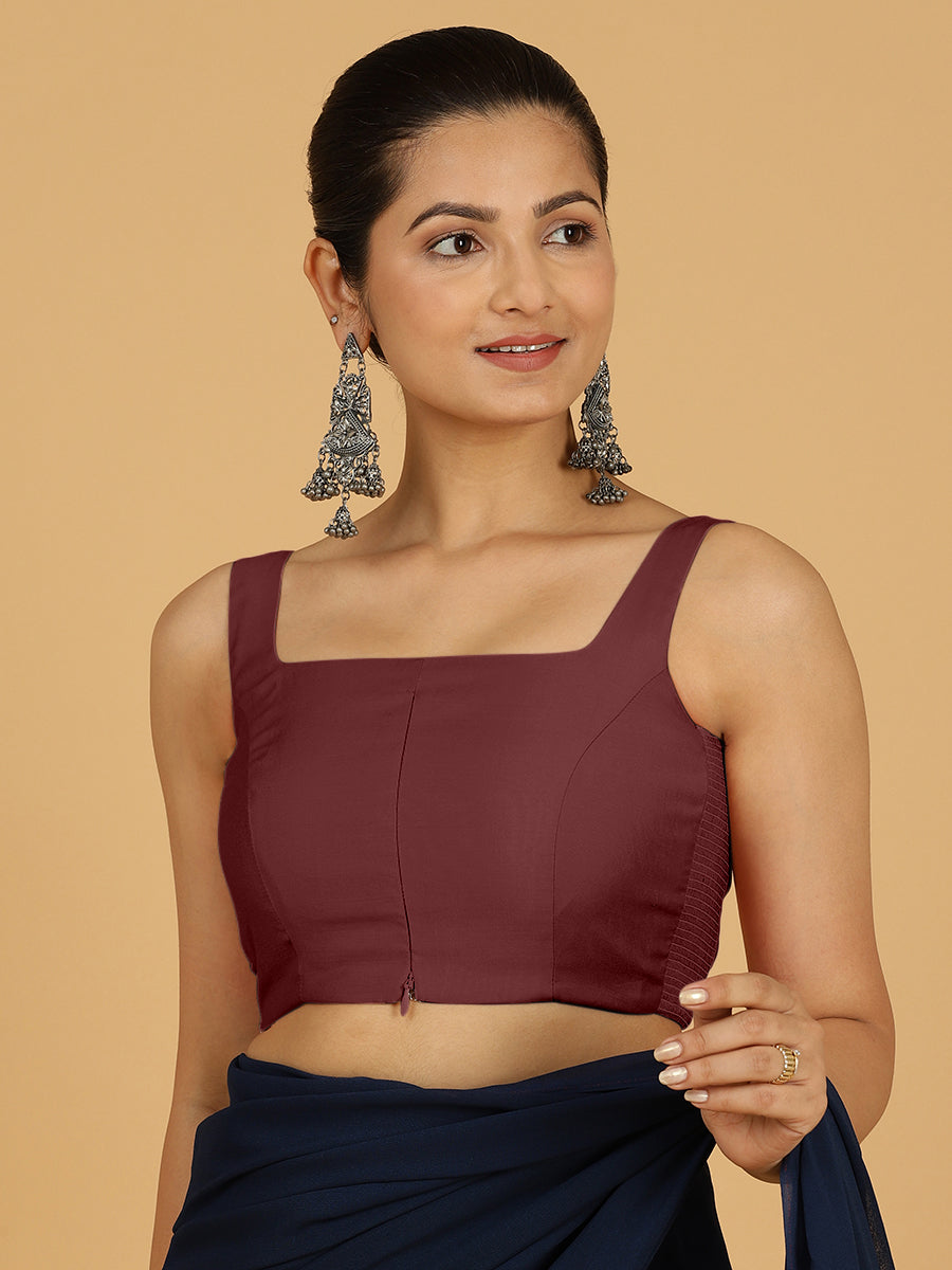 Nirma x Rozaana Saree Blouse, in Maroon Viscose, featuring sleeveless and square neckline, made for daily & work (view 8).