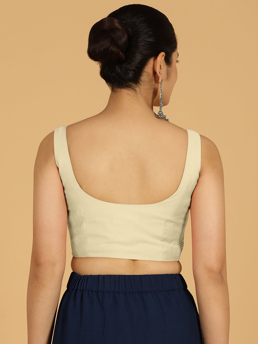Nirma x Rozaana Saree Blouse, in White Viscose, featuring sleeveless and square neckline, made for daily & work (view 2).