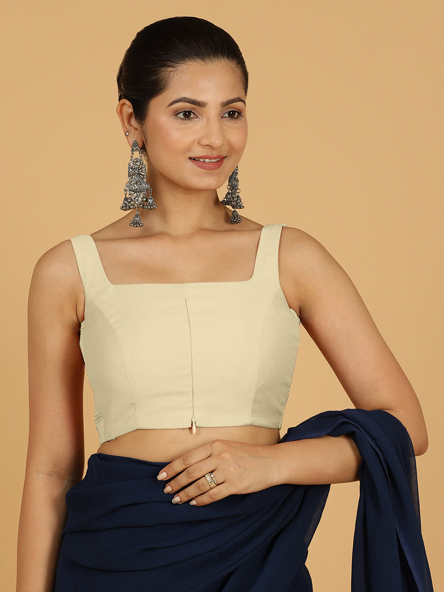 Nirma x Rozaana Saree Blouse, in White Viscose, featuring sleeveless and square neckline, made for daily & work (view 8).