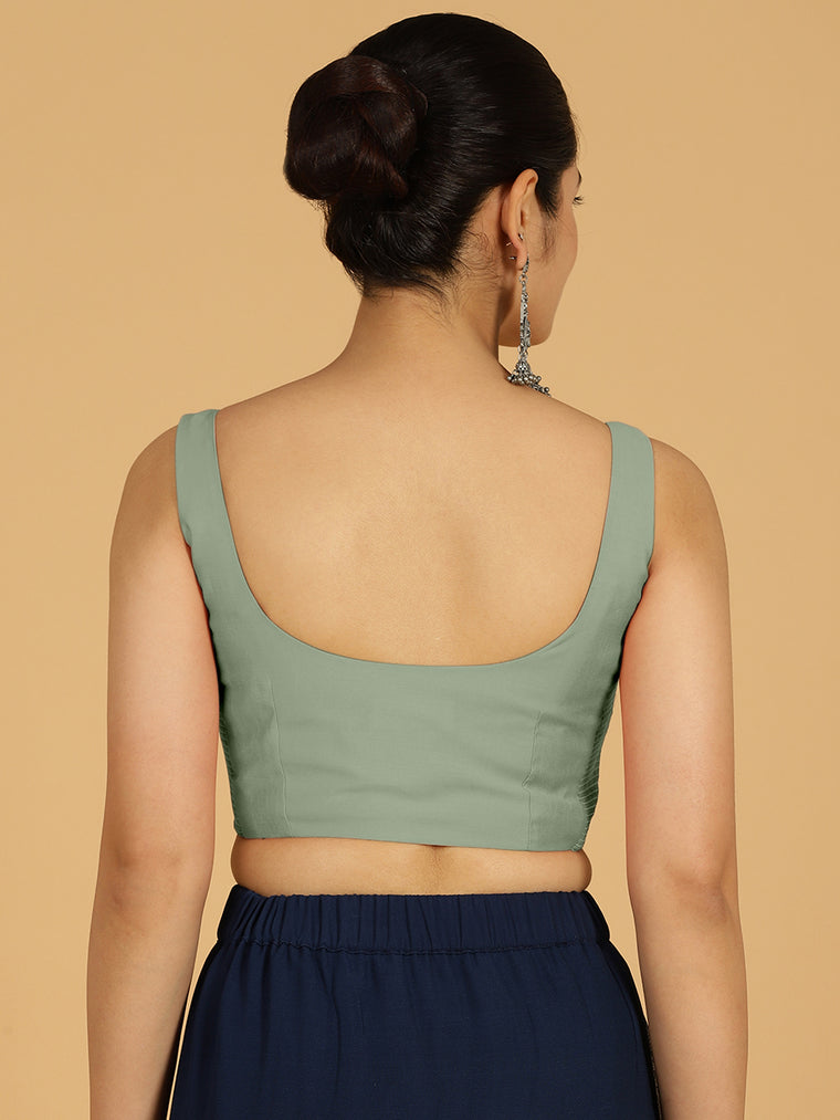 Nirma x Rozaana Saree Blouse, in Green Viscose, featuring sleeveless and square neckline, made for daily & work (view 2).