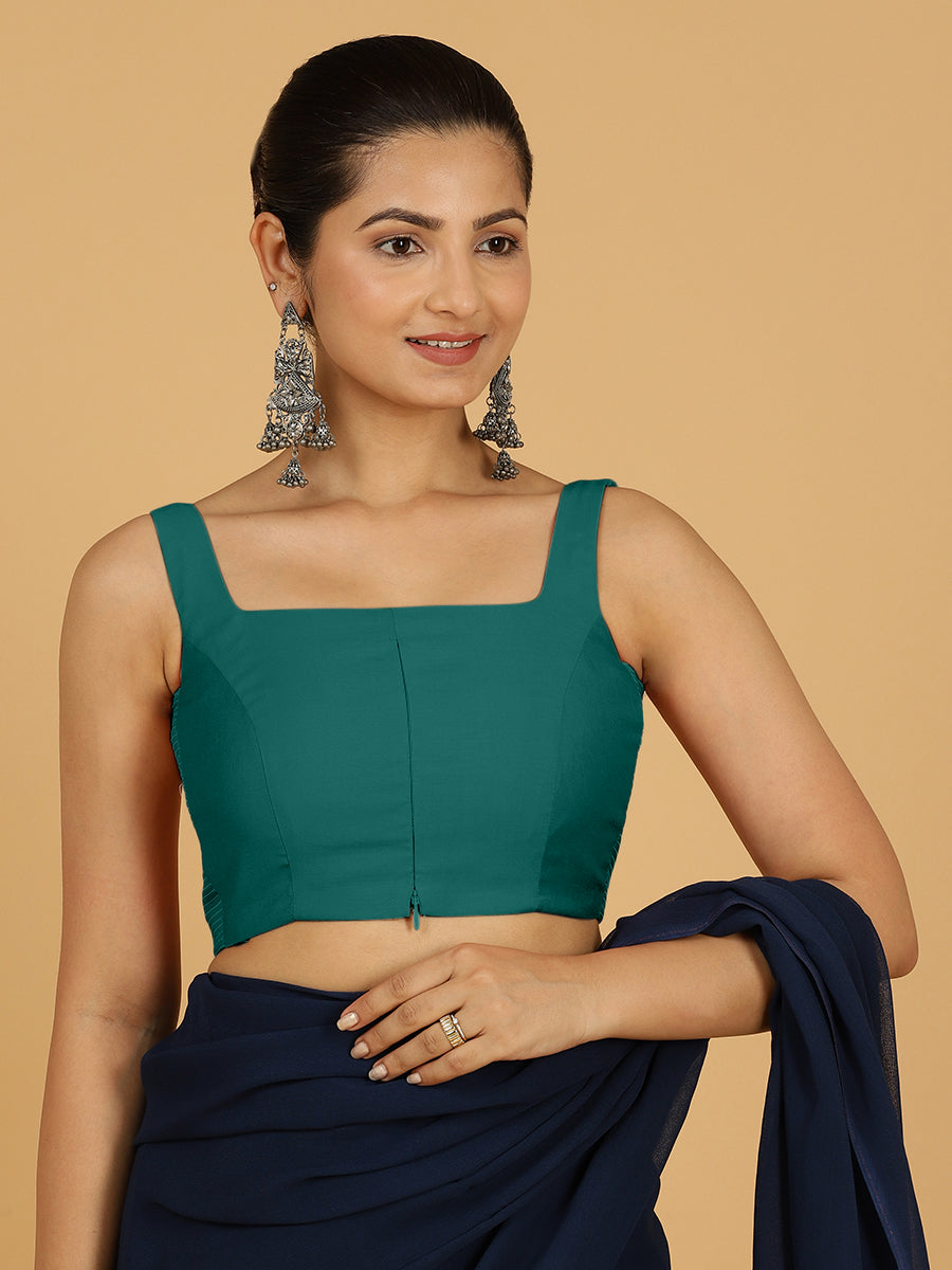Nirma x Rozaana Saree Blouse, in Green Viscose, featuring sleeveless and square neckline, made for daily & work (view 7).