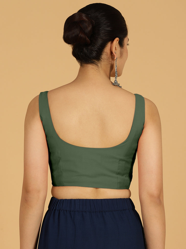 Nirma x Rozaana Saree Blouse, in Green Viscose, featuring sleeveless and square neckline, made for daily & work (view 2).