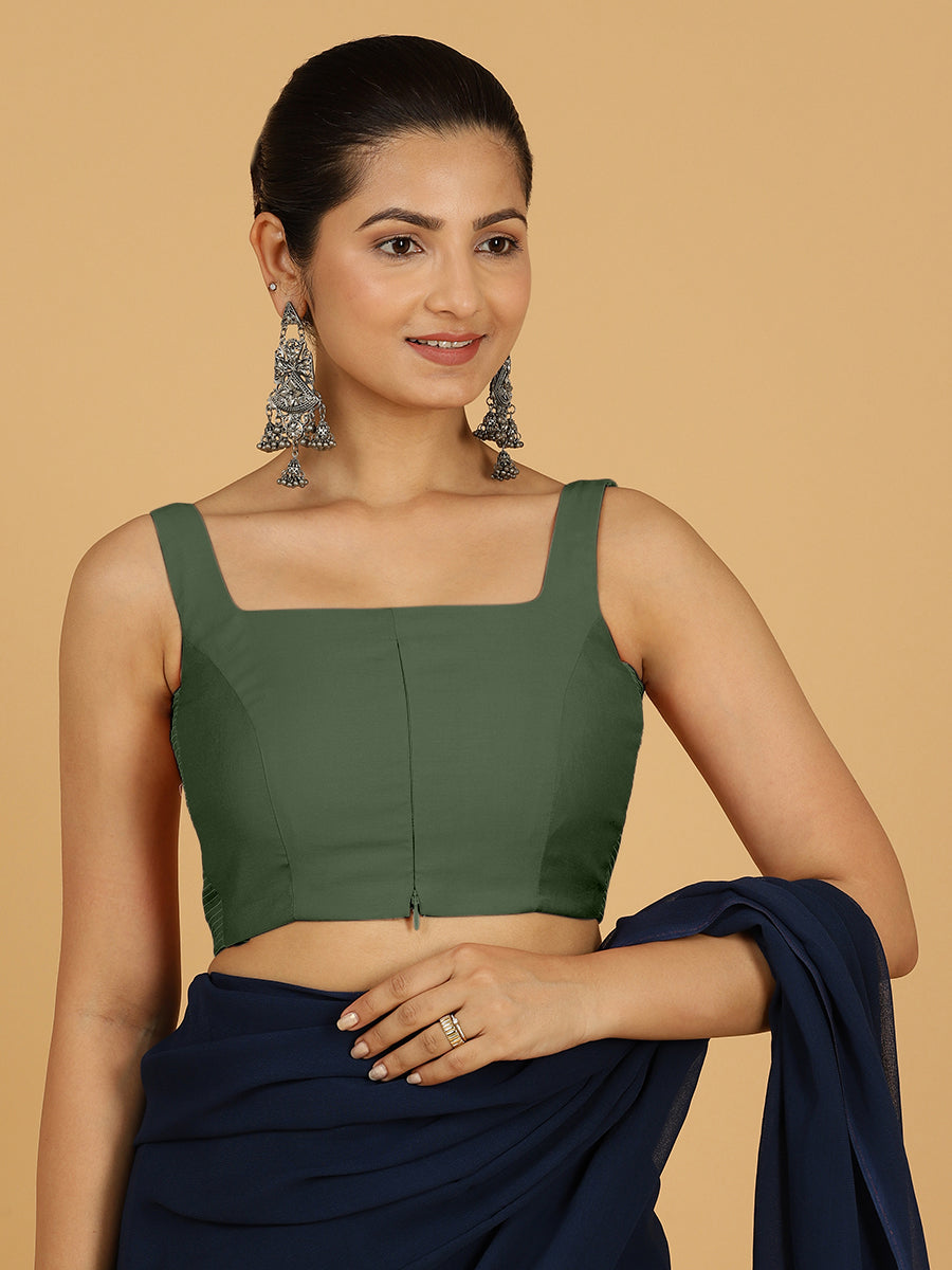 Nirma x Rozaana Saree Blouse, in Green Viscose, featuring sleeveless and square neckline, made for daily & work (view 7).