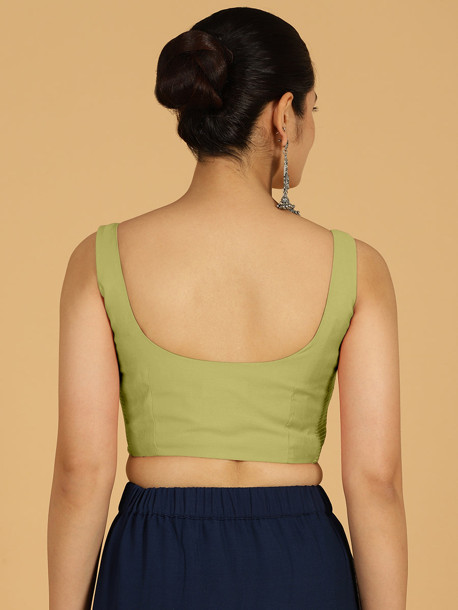 Nirma x Rozaana Saree Blouse, in Green Viscose, featuring sleeveless and square neckline, made for daily & work (view 2).