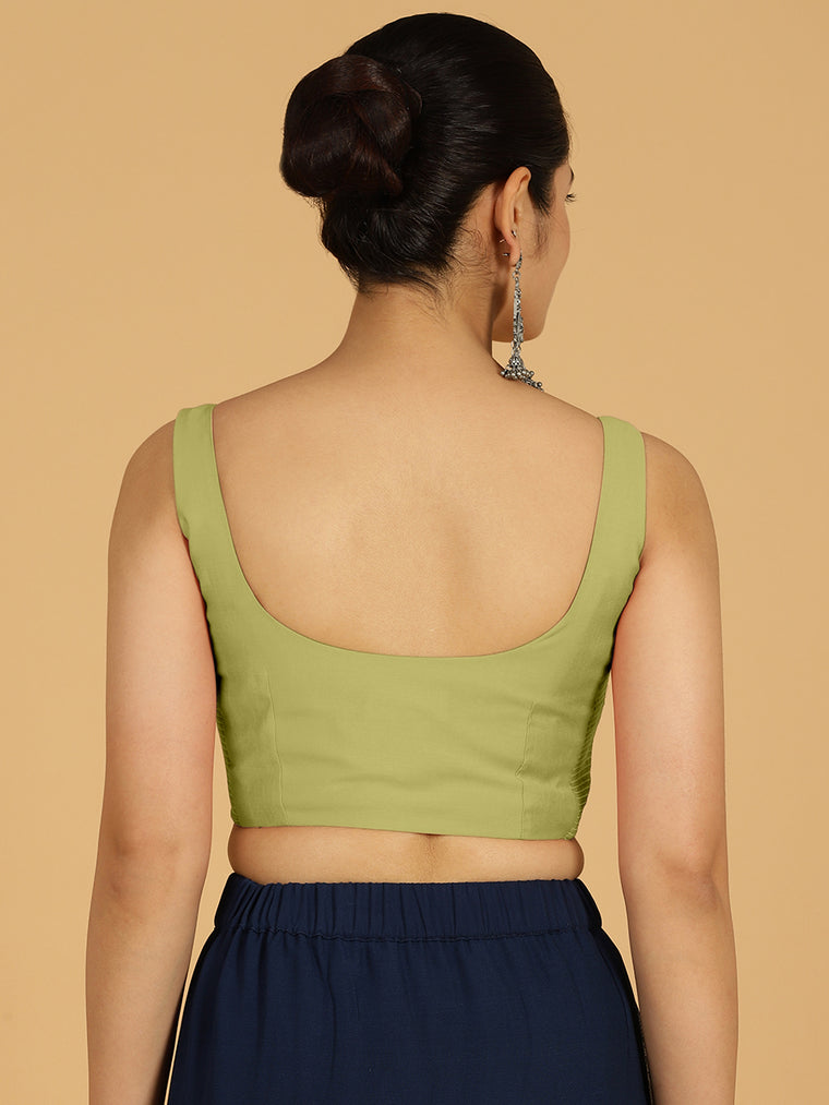 Nirma x Rozaana Saree Blouse, in Green Viscose, featuring sleeveless and square neckline, made for daily & work (view 2).