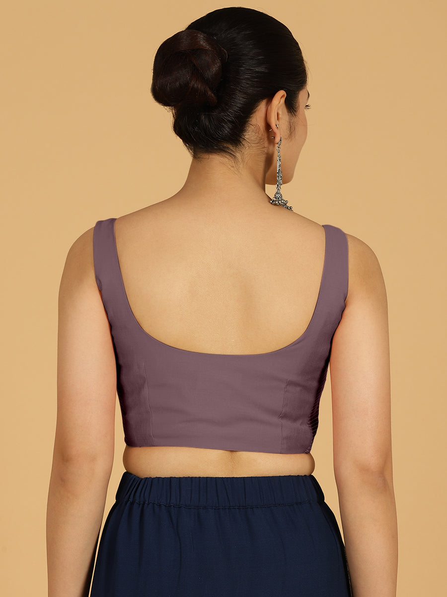 Nirma x Rozaana Saree Blouse, in Purple Viscose, featuring sleeveless and square neckline, made for daily & work (view 2).