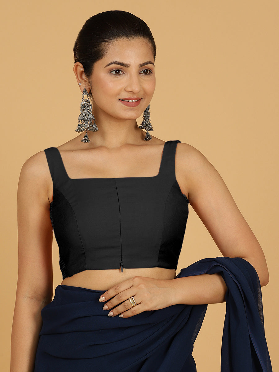 Nirma x Rozaana Saree Blouse, in Black Viscose, featuring sleeveless and square neckline, made for daily & work (view 8).