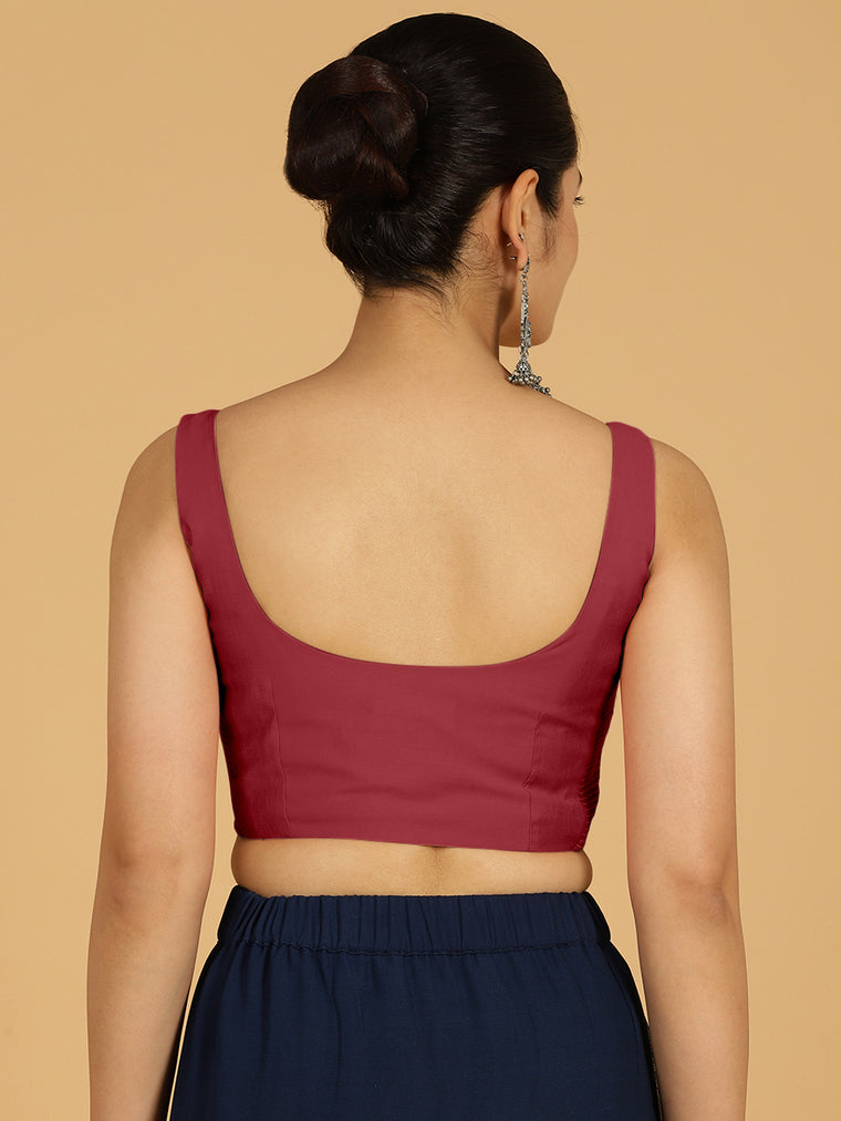 Nirma x Rozaana Saree Blouse, in Red Viscose, featuring sleeveless and square neckline, made for daily & work (view 2).