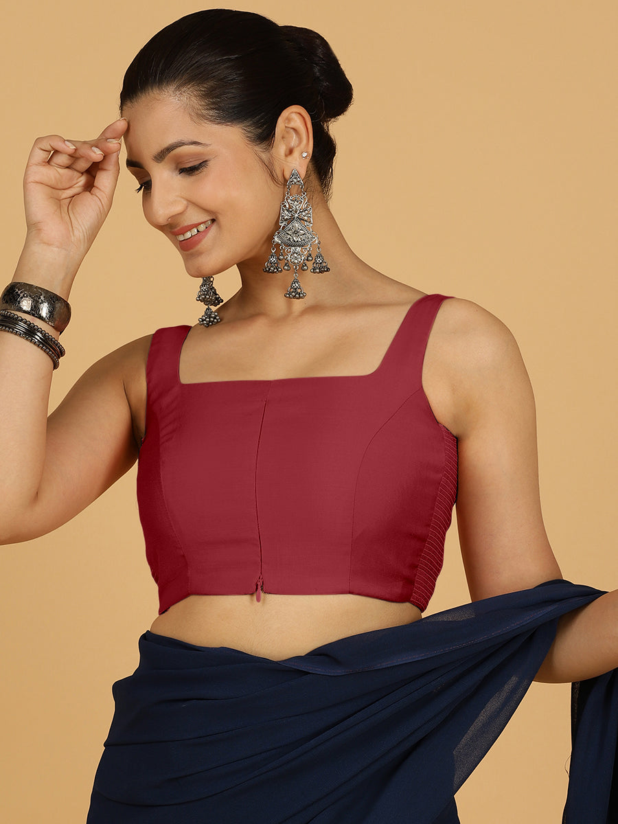Nirma x Rozaana Saree Blouse, in Red Viscose, featuring sleeveless and square neckline, made for daily & work (view 7).