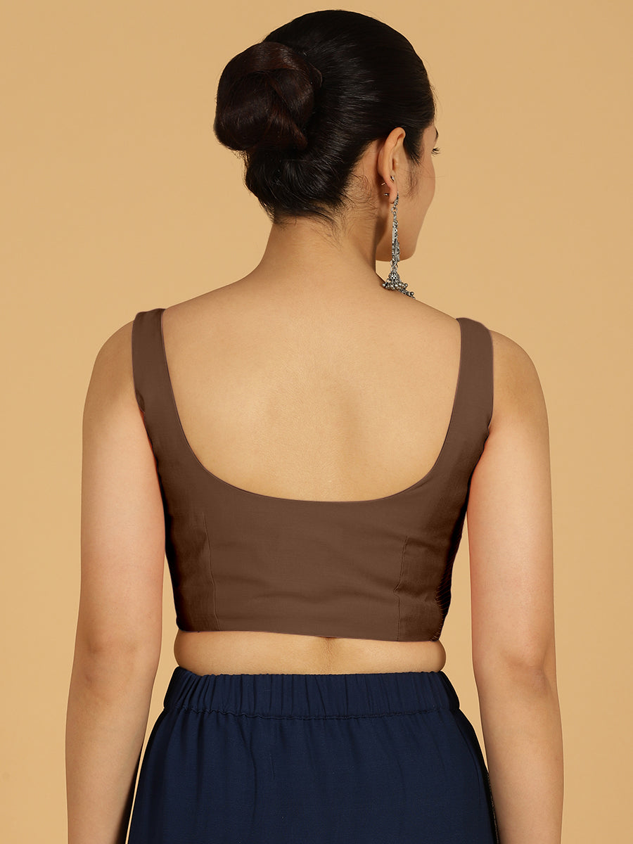 Nirma x Rozaana Saree Blouse, in Brown Viscose, featuring sleeveless and square neckline, made for daily & work (view 2).
