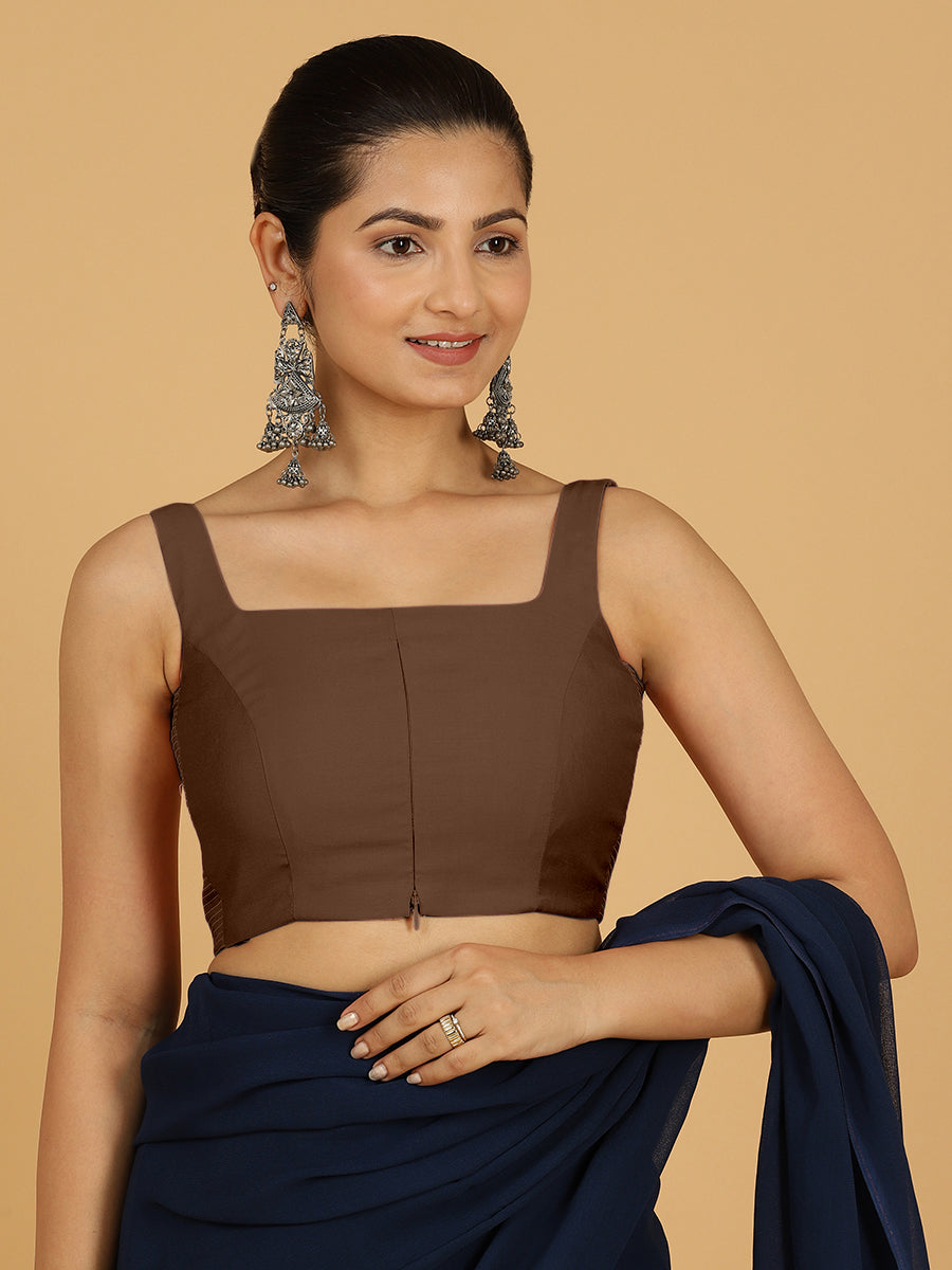 Nirma x Rozaana Saree Blouse, in Brown Viscose, featuring sleeveless and square neckline, made for daily & work (view 7).