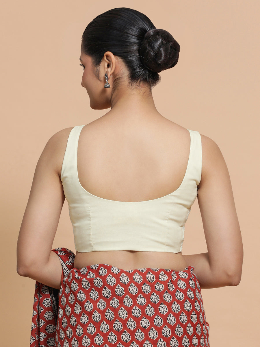 Nisha x Rozaana Saree Blouse, in White Linen, featuring sleeveless and round neckline, made for daily & work (view 2).