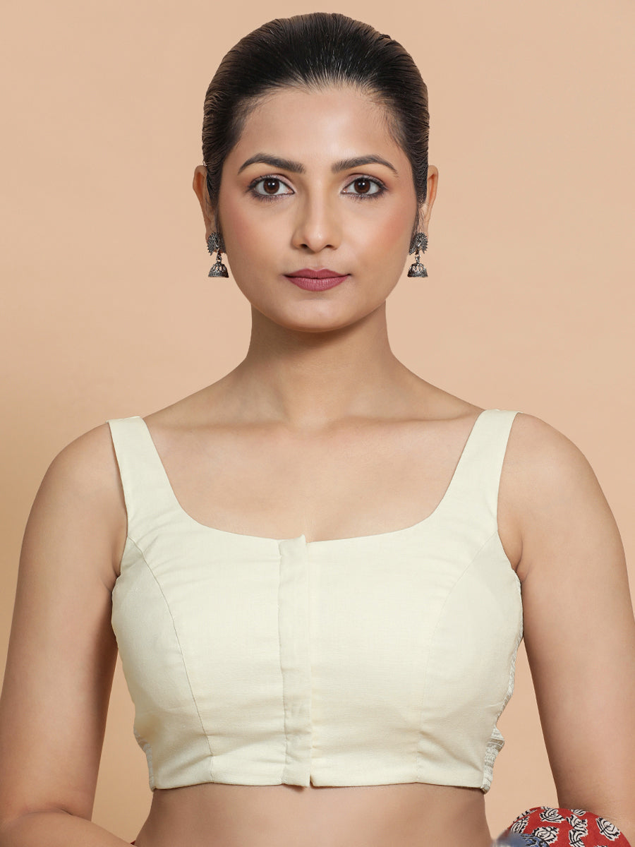Nisha x Rozaana Saree Blouse, in White Linen, featuring sleeveless and round neckline, made for daily & work (view 4).