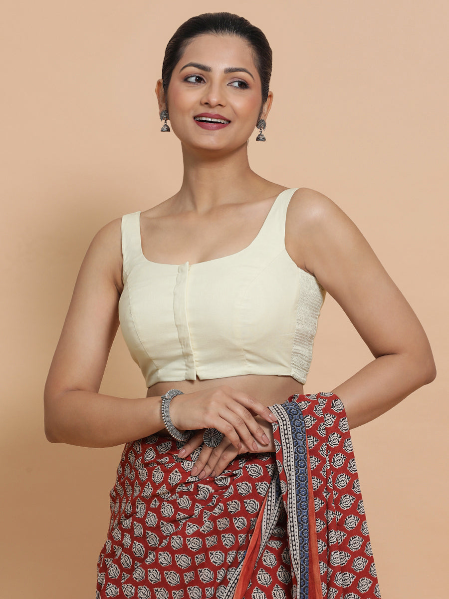 Nisha x Rozaana Saree Blouse, in White Linen, featuring sleeveless and round neckline, made for daily & work (view 6).