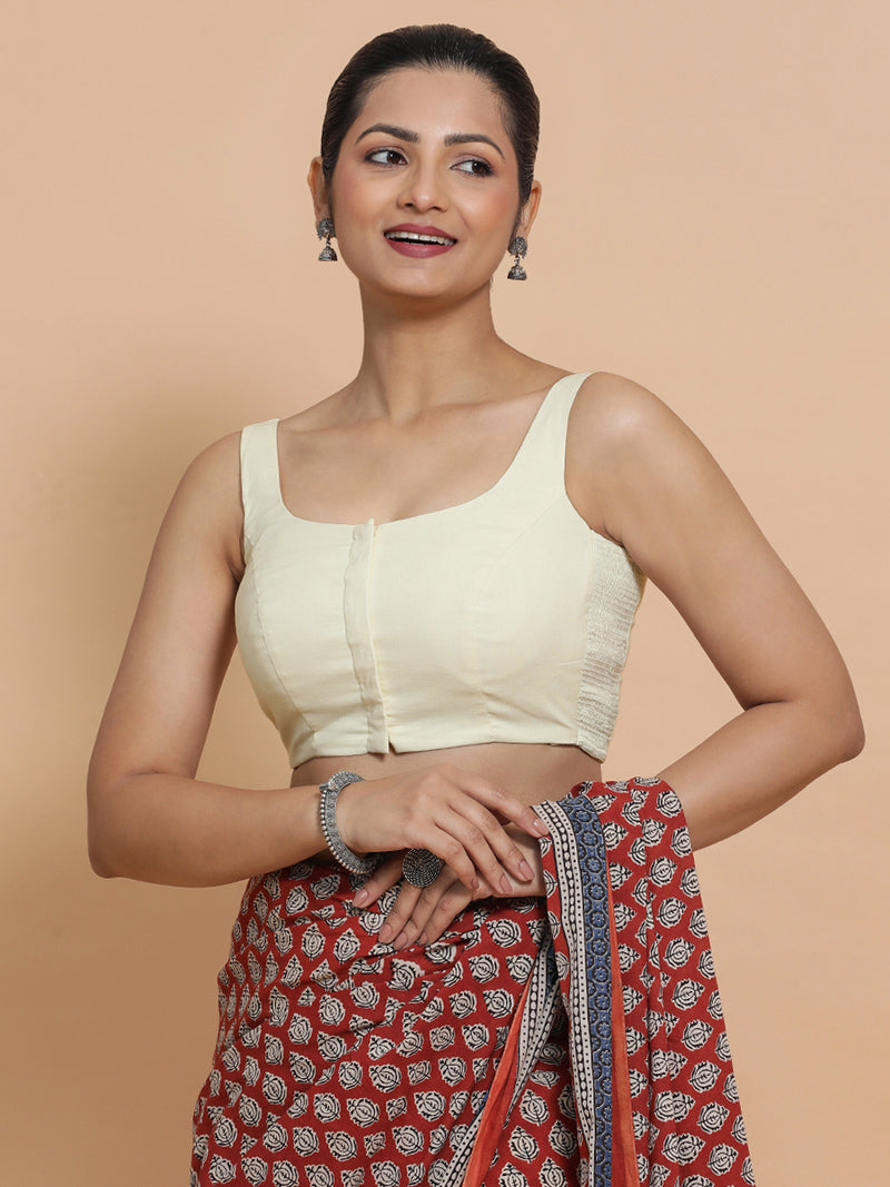 Nisha x Rozaana | Sleeveless Saree Blouse in Chalk White Linen-Binks