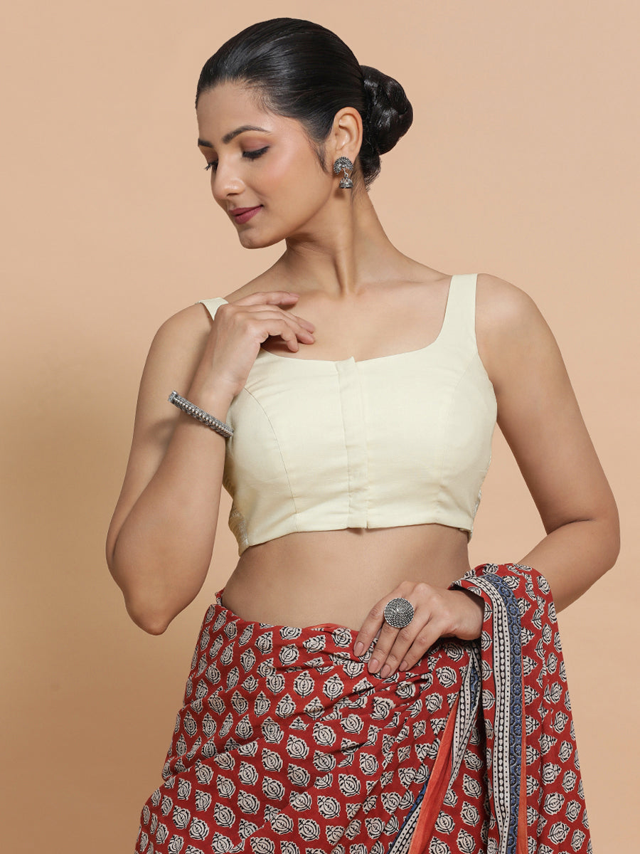 Nisha x Rozaana Saree Blouse, in White Linen, featuring sleeveless and round neckline, made for daily & work (view 7).