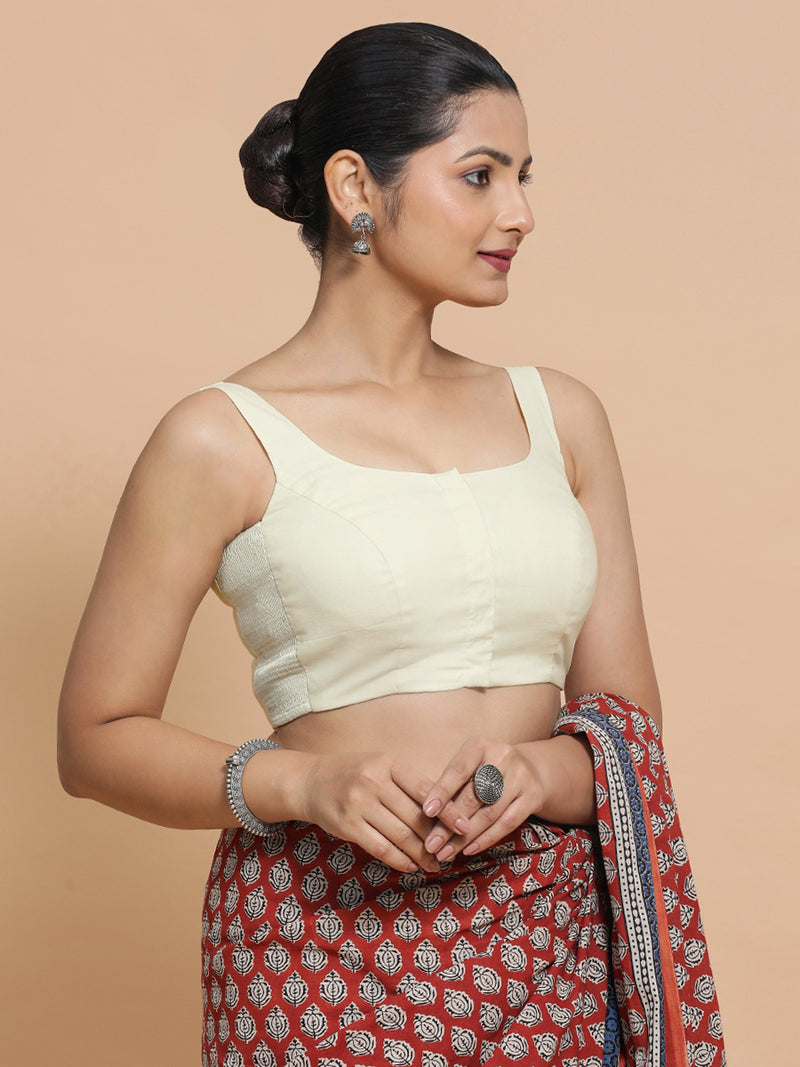 Nisha x Rozaana | Sleeveless Saree Blouse in Chalk White Linen-Binks