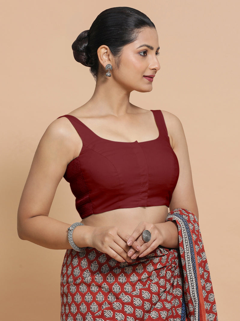 Nisha x Rozaana | Sleeveless Saree Blouse in Cranberry Red Linen-Binks
