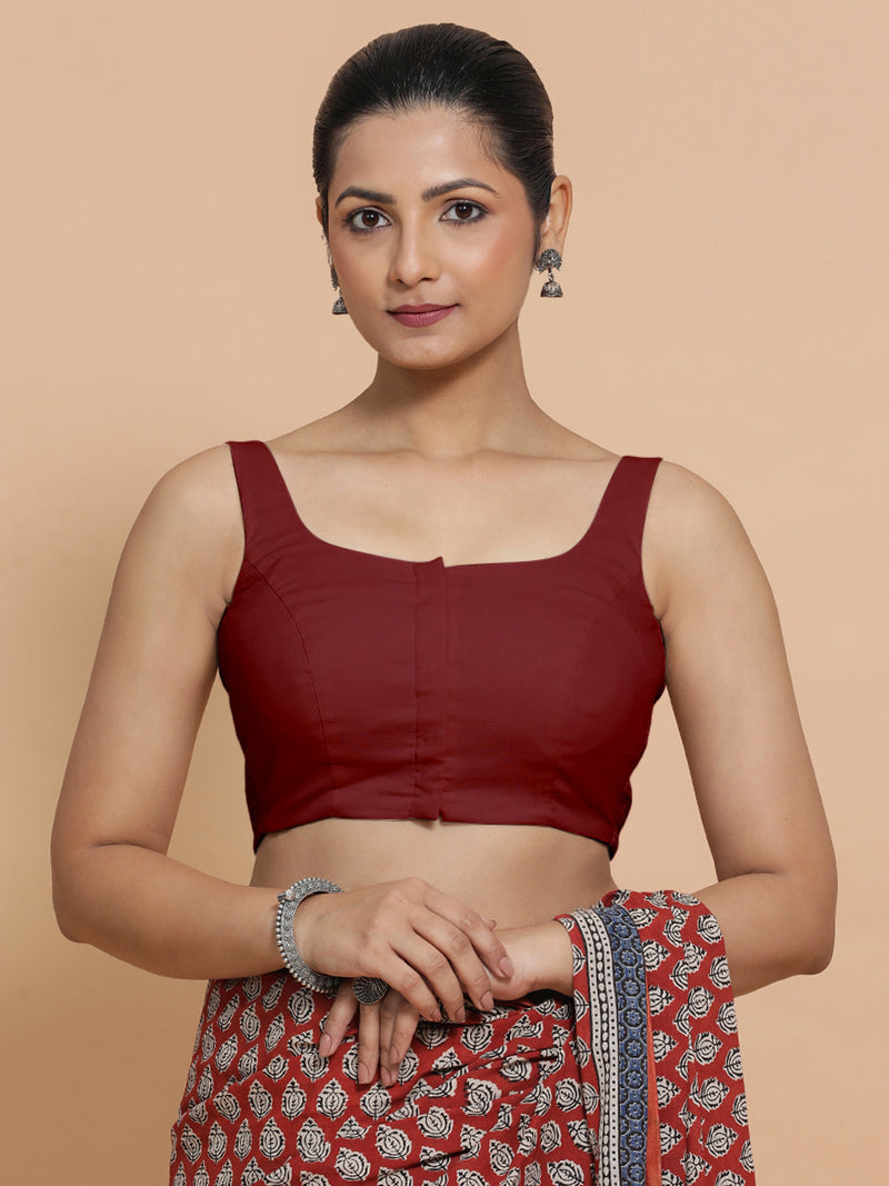 Nisha x Rozaana | Sleeveless Saree Blouse in Cranberry Red Linen-Binks
