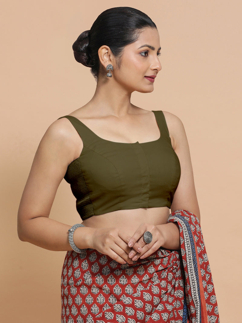 Nisha x Rozaana | Sleeveless Saree Blouse in Deep Olive Green Linen-Binks