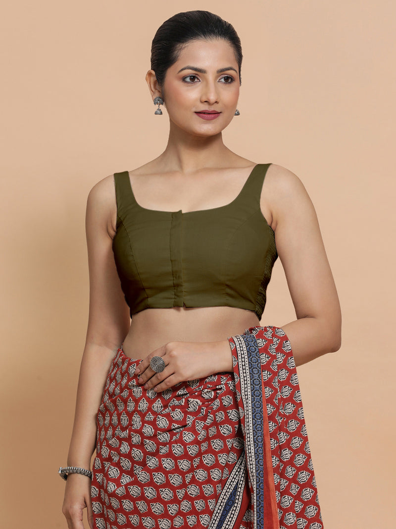 Nisha x Rozaana | Sleeveless Saree Blouse in Deep Olive Green Linen-Binks