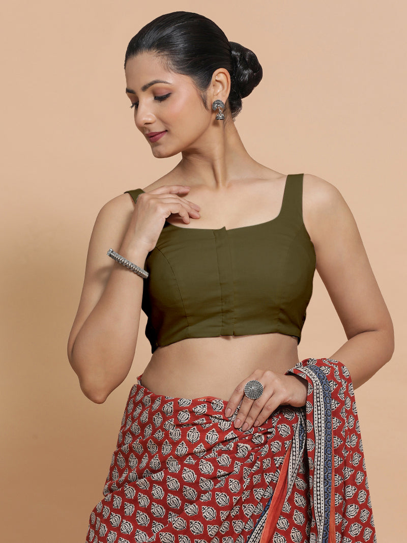 Nisha x Rozaana | Sleeveless Saree Blouse in Deep Olive Green Linen-Binks